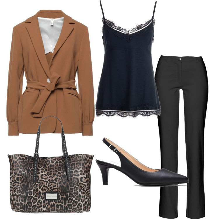 Outfit donna - Con la borsa animalier. Stile Bon Ton per Serata fuori. Abbinamento con pantaloni, décolleté, blazer, borse a mano, culotte.