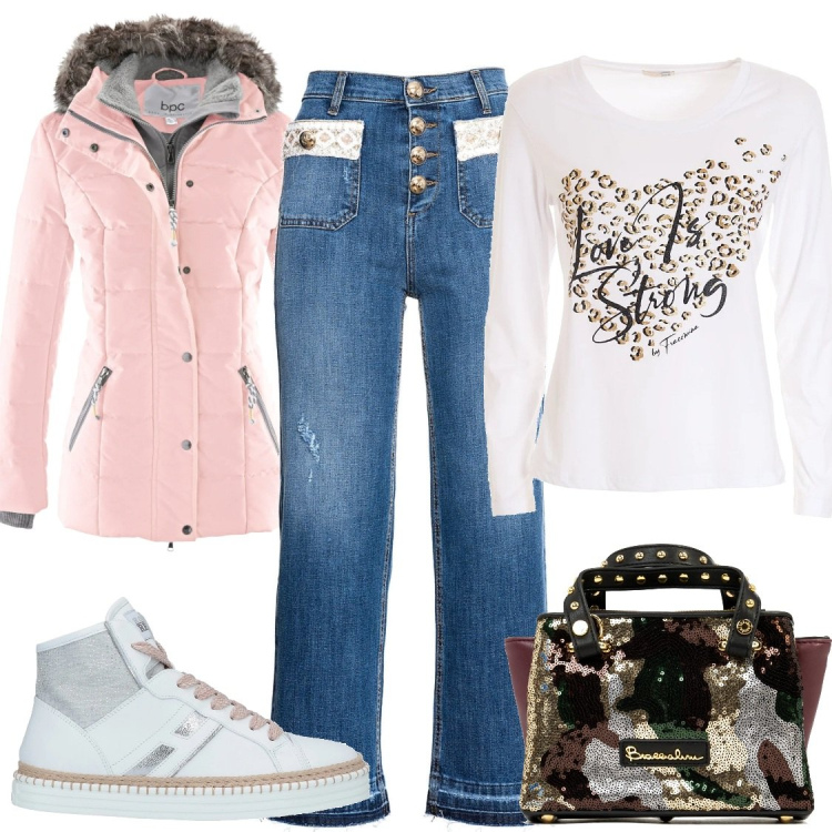 Outfit donna - La borsa Braccialini. Stile Casual chic per Tutti i giorni. Abbinamento con piumini, sneakers, t-shirt, jeans bootcut, borse a mano.