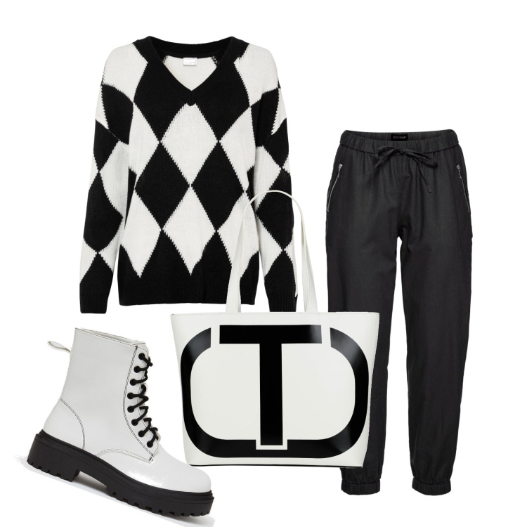 Outfit donna - Geometrie fashion. Stile Casual chic per Tutti i giorni. Abbinamento con pantaloni, maglieria, borse a mano, anfibi.
