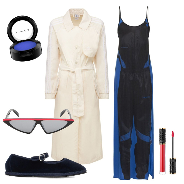 Outfit donna - Beautiful Scary. Stile Casual chic per Serata fuori. Abbinamento con trench, vestiti, ballerine, occhiali da sole, ombretti, profumi.