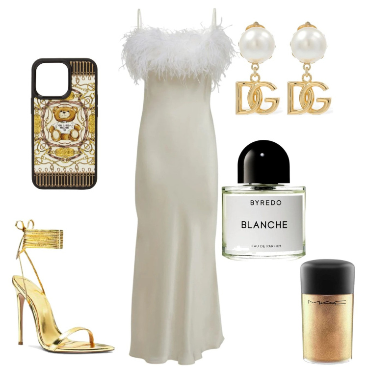 Outfit donna - Beautiful Scary 3. Stile Glamour per Serata fuori. Abbinamento con vestiti midi/longuette, ombretti, profumi, cover telefono, orecchini, sandali in pelle.