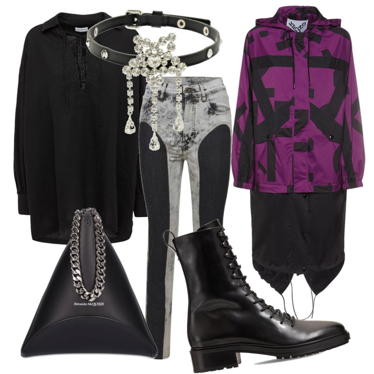 Outfit donna - Un mix dark tra Urban e gothic style. Stile Urban per Tutti i giorni. Abbinamento con pantaloni, pochette, giacche, stivaletti, collane, caftani.