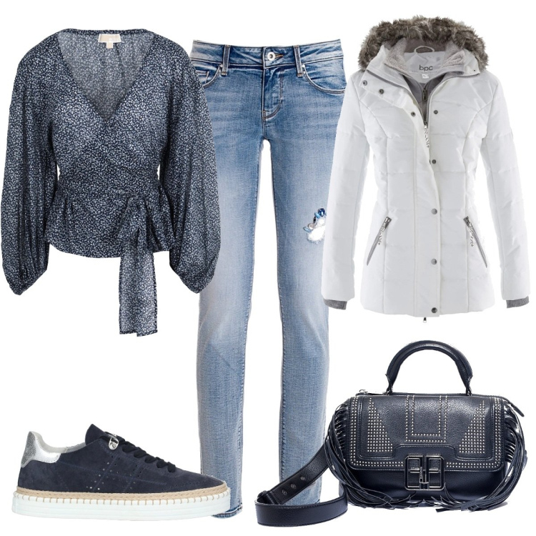 Outfit donna - Blu & bianco. Stile Casual chic per Tutti i giorni. Abbinamento con piumini, camicie, sneakers, jeans strappati, borse a spalla.
