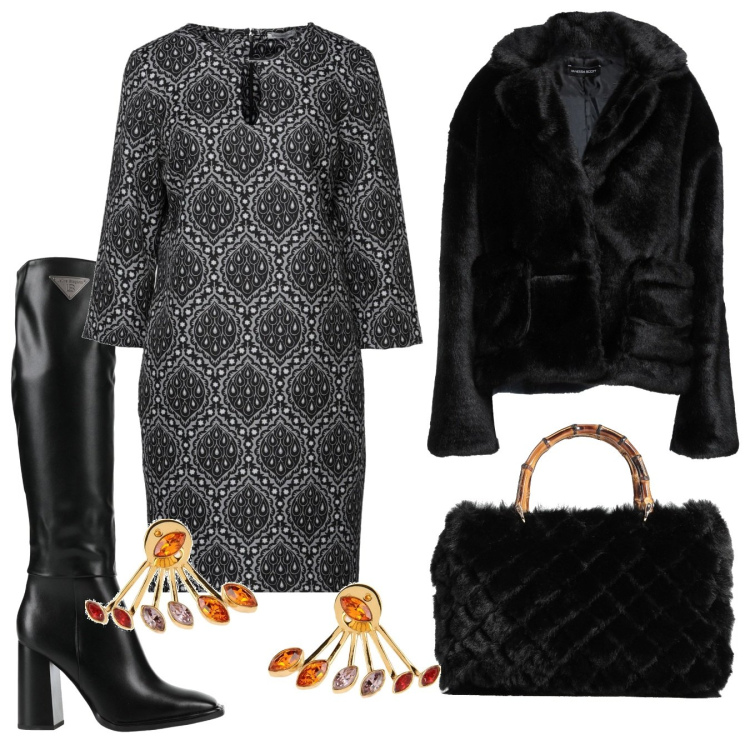 Outfit donna - Dark lady. Stile Vintage retrò per Serata fuori. Abbinamento con vestiti corti, stivali, cappotti, borse a mano, orecchini.