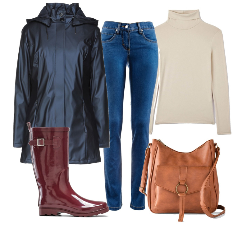Outfit donna - Rainy days. Stile Casual per Tutti i giorni. Abbinamento con borse a tracolla, jeans dritti, stivali di gomma, cappotti, t-shirt.