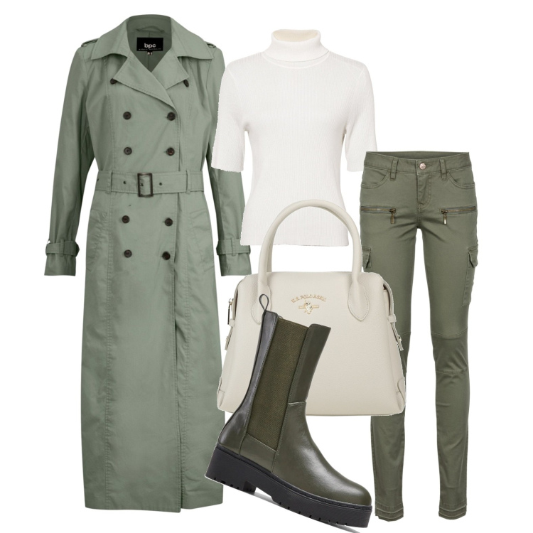 Outfit donna - Ghost outfitter - verde militare. Stile Military per Tutti i giorni. Abbinamento con pantaloni cargo, stivali, maglieria, borse a tracolla, borse a mano.