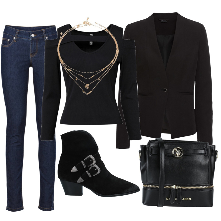Outfit donna - Total look #1451293. Abbinamento con jeans skinny, blazer, maglieria, borse a tracolla, stivaletti, collane.