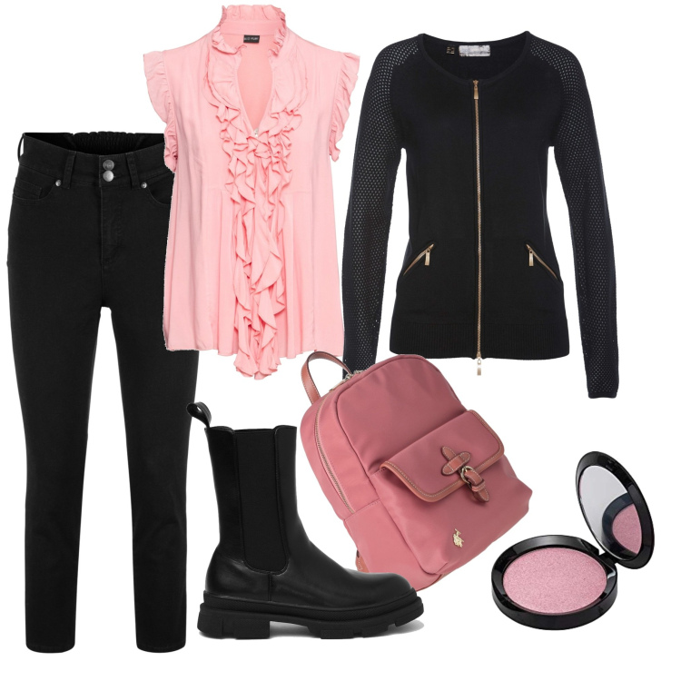 Outfit donna - Mille rouches rosa. Stile Casual chic per Tutti i giorni. Abbinamento con jeans, cardigans, maglieria, zaini, stivali, blush.