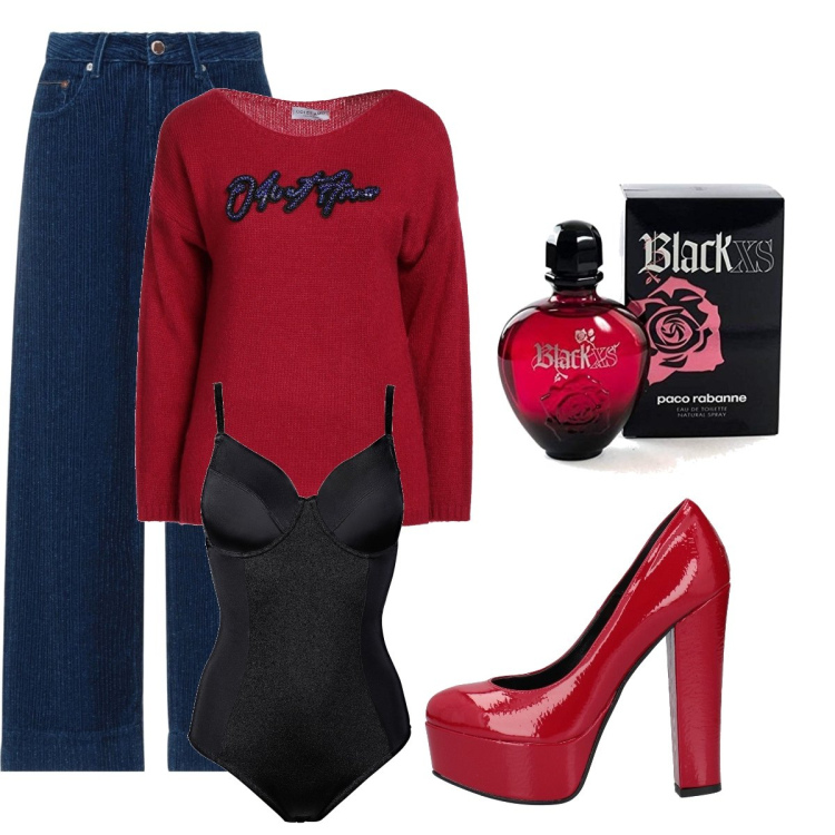 Outfit donna - Total look #1451325. Stile Glamour per Tutti i giorni. Abbinamento con body, jeans dritti, pullovers, décolleté, profumi.
