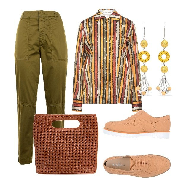 Outfit donna - E\' già scesa la sera. Stile Casual chic per Tutti i giorni. Abbinamento con scarpe stringate, camicie, orecchini, pantaloni, borse a mano.