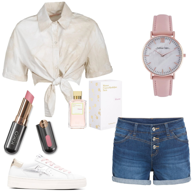 Outfit donna - Total look #1451379. Stile Trendy per Tutti i giorni. Abbinamento con shorts, camicie a manica corta, sneakers, profumi, rossetti, orologi.