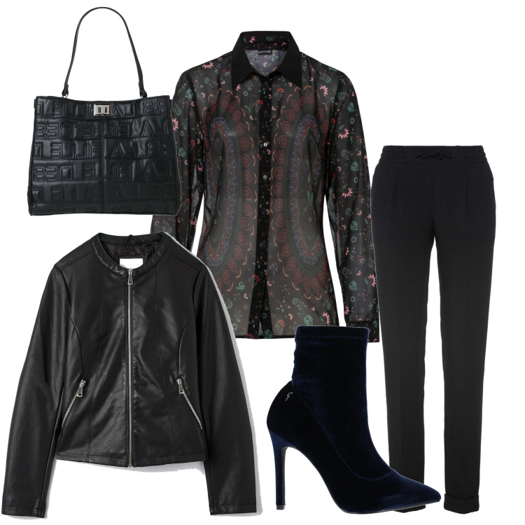 Outfit donna - Stasera esco in nero. Stile Rock per Serata fuori. Abbinamento con pantaloni, bluse, stivaletti, borse a mano, cappotti.