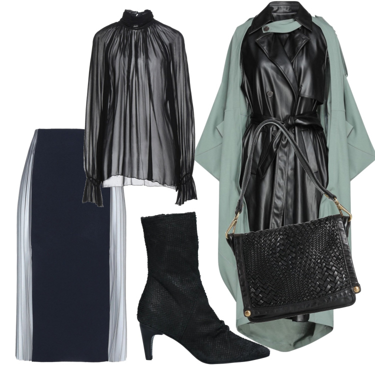 Outfit donna - Special night. Stile Glamour per Serata fuori. Abbinamento con cappotti, borse a mano, bluse, gonne longuette, stivaletti.
