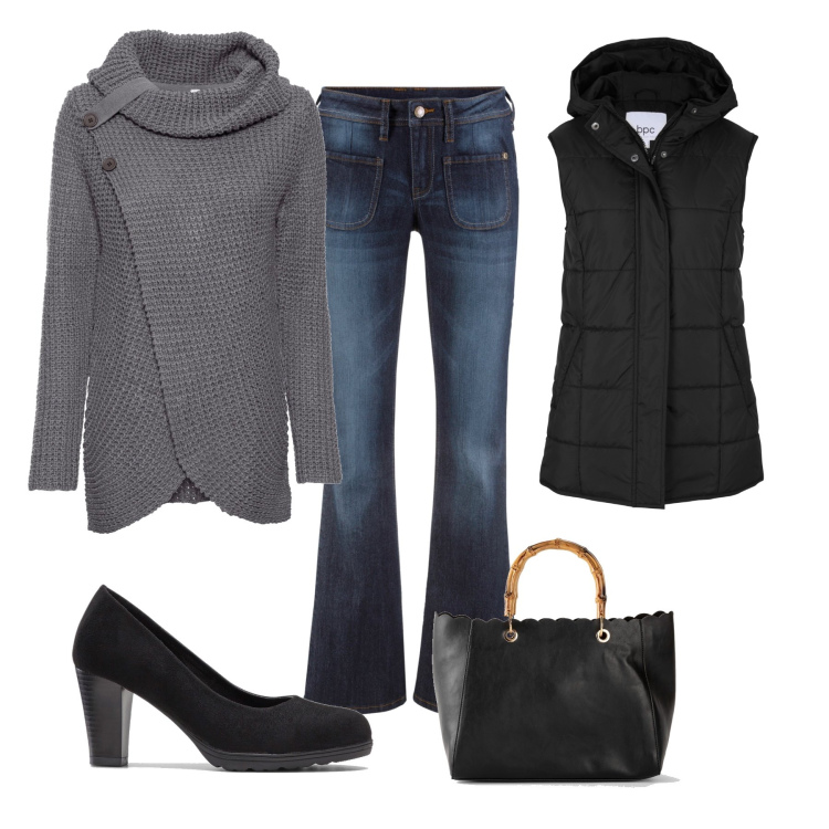 Outfit donna - Total look #1451407. Stile Basic per Tutti i giorni. Abbinamento con maglieria, jeans bootcut, gilet, borse a mano, décolleté.