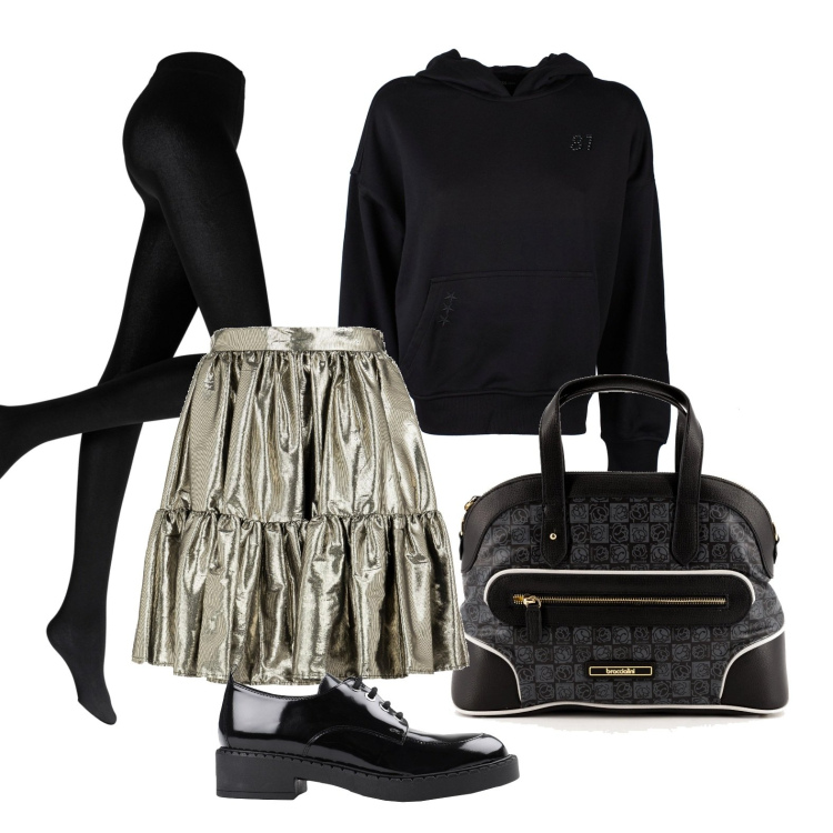 Outfit donna - La gonna dorata in ufficio. Stile Glamour per Ufficio. Abbinamento con collant, scarpe stringate, borse a mano, felpe con cappuccio, minigonne.