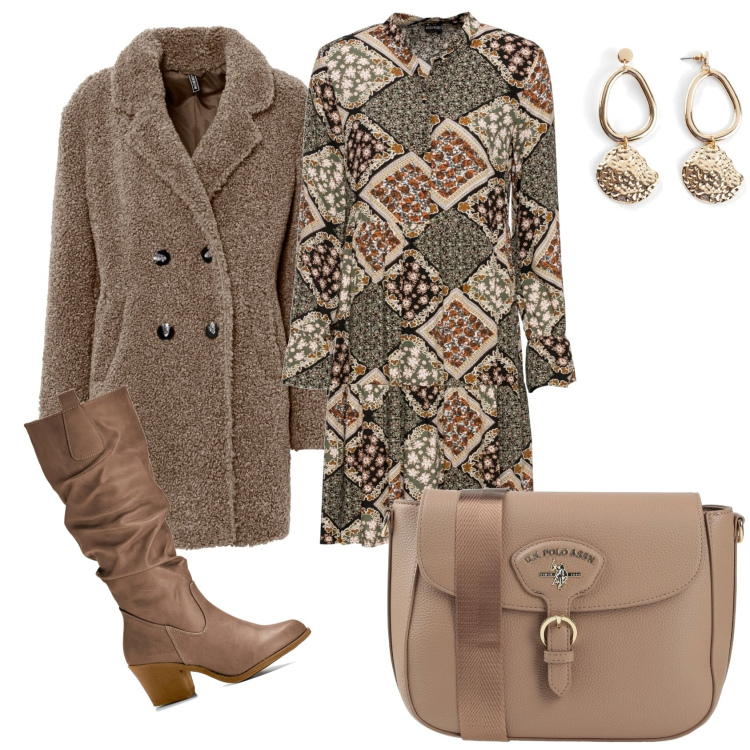 Outfit donna - Vestitino fantasia e stivali. Stile Trendy per Tutti i giorni. Abbinamento con stivali, vestiti, cappotti, orecchini, borse a tracolla.