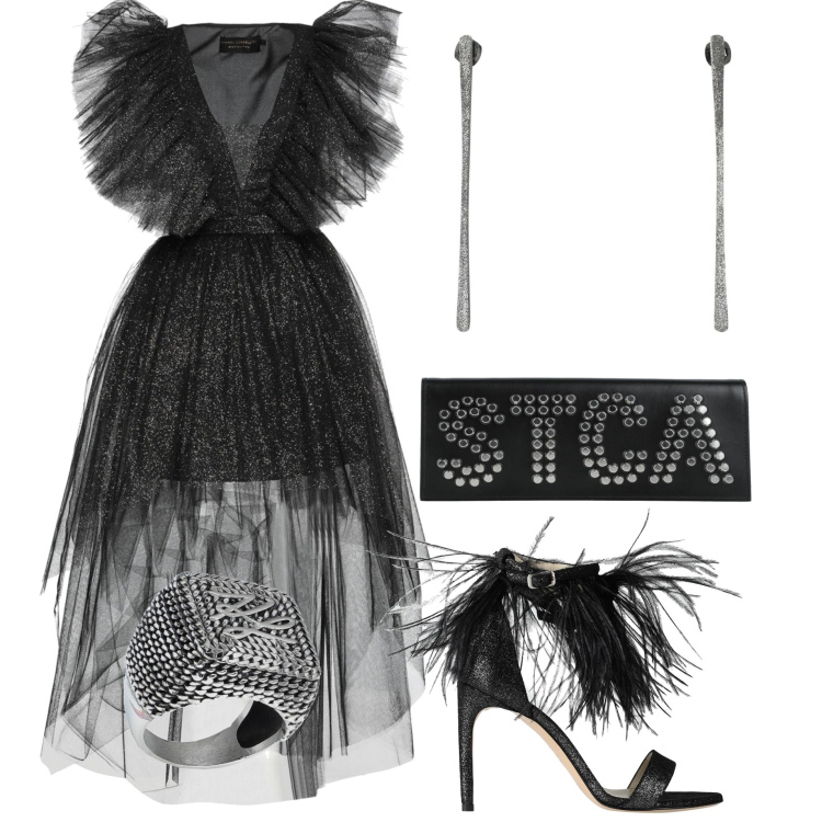 Outfit donna - Glamour #11312. Stile Glamour per Serata fuori. Abbinamento con vestiti corti, anelli, borse a mano, sandali in pelle, orecchini.