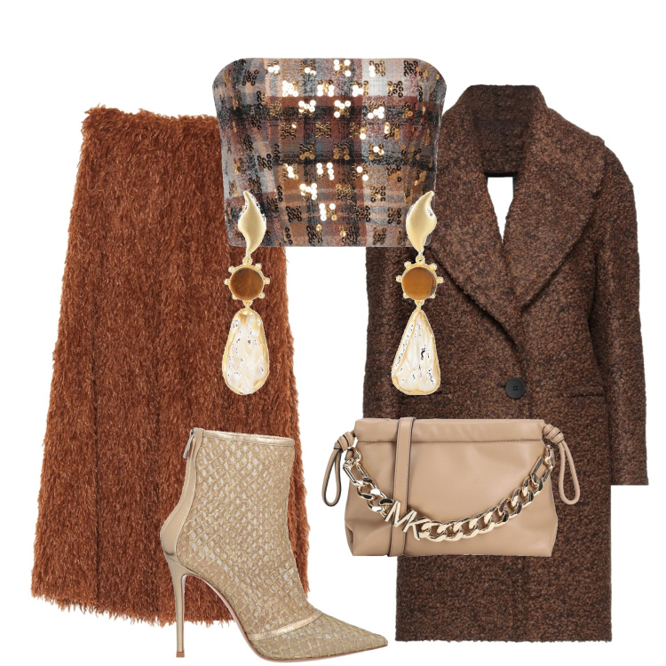Outfit donna - Total look #1451462. Stile Glamour per Serata fuori. Abbinamento con gonne longuette, cappotti, top, orecchini, borse a tracolla, stivaletti.