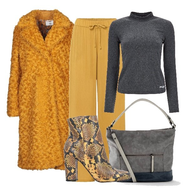 Outfit donna - Vado ad aprire il conto corrente. Stile Casual per Tutti i giorni. Abbinamento con pantaloni, borse a mano, cappotti, stivaletti, maglieria.