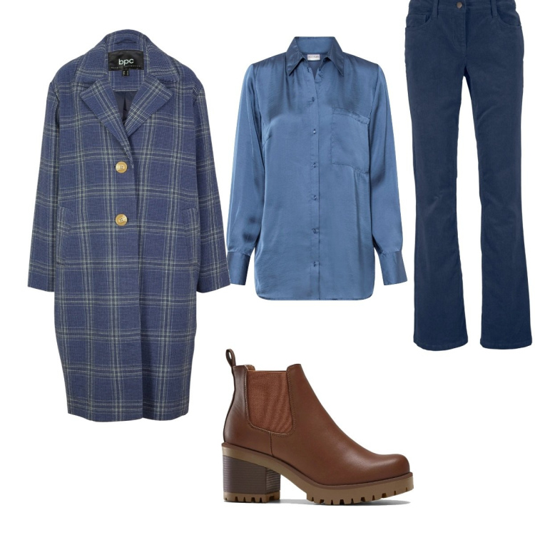 Outfit donna - Casual in blue. Stile Casual per Tutti i giorni. Abbinamento con pantaloni, stivaletti chelsea, camicie, cappotti.