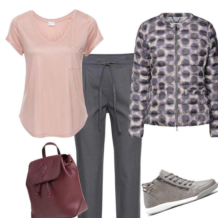 Outfit donna - Passeggiata autunnale. Stile Minimal Abbinamento con giacche, zaini, pantaloni, sneakers alte, maglieria.