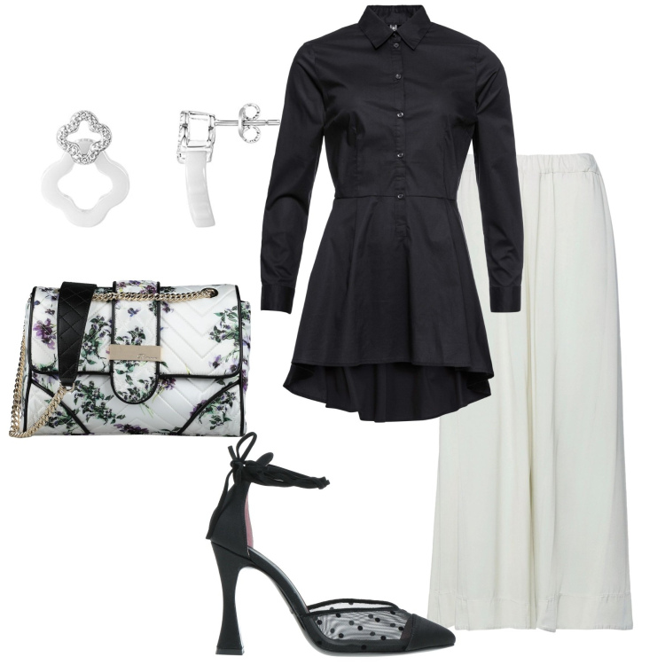 Outfit donna - Ampi volumi. Stile Chic per Cerimonia. Abbinamento con camicie, pantaloni, décolleté, borse a tracolla, orecchini.