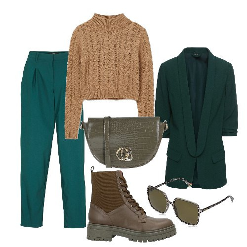 Outfit donna - Mannish quanto basta. Stile Mannish per Ufficio. Abbinamento con blazer, pantaloni, borse a tracolla, stivaletti, maglieria, occhiali da sole.