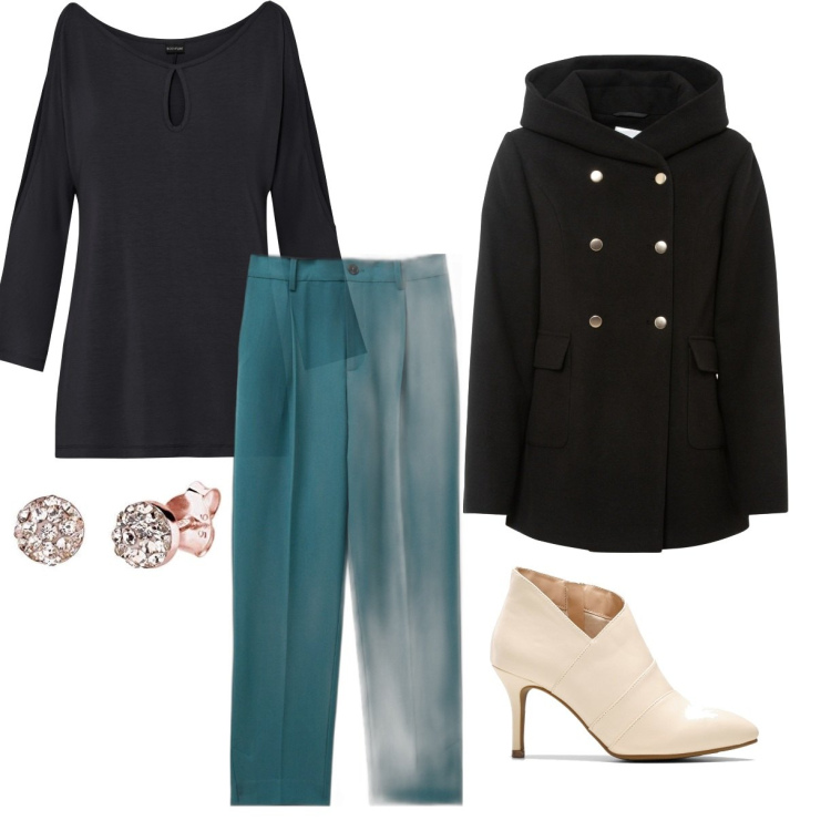 Outfit donna - Curvy and chic. Stile Bon Ton per Ufficio. Abbinamento con caban, maglieria, stivaletti, pantaloni, orecchini.