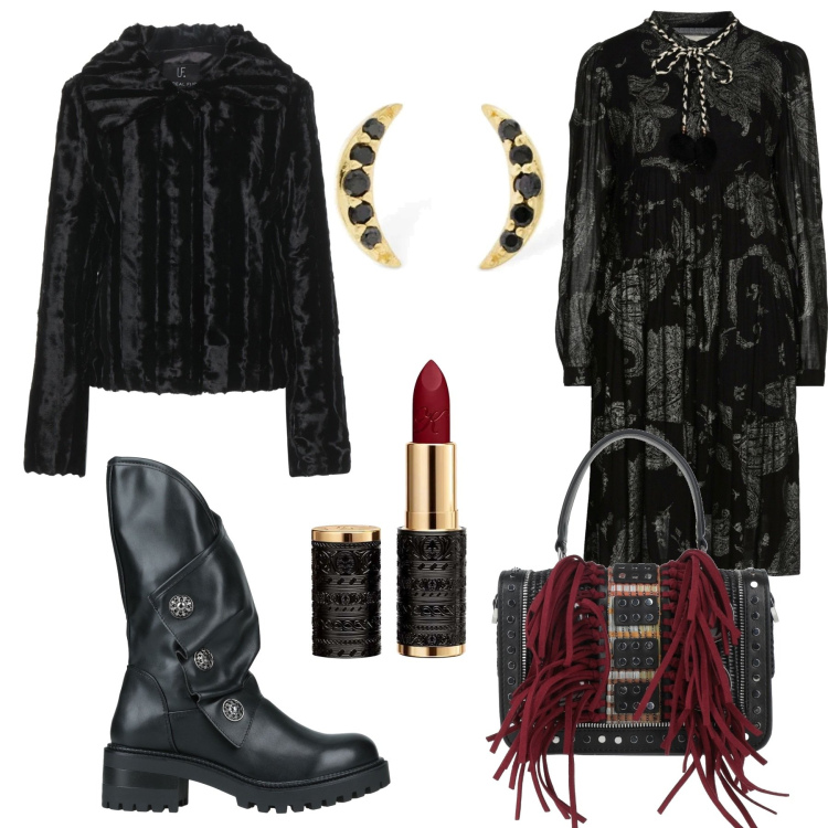 Outfit donna - Nero e rosso sangue per Halloween. Stile Rock per Serata fuori. Abbinamento con stivali, borse a mano, cappotti, vestiti midi/longuette, rossetti, orecchini.