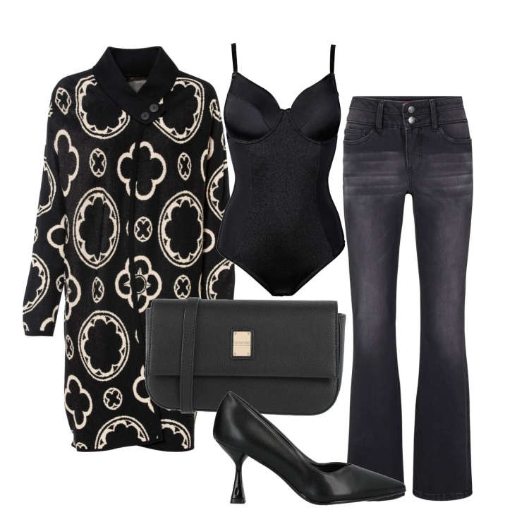 Outfit donna - Il jeans per una serata fuori. Stile Glamour per Serata fuori. Abbinamento con body, cardigans, jeans bootcut, décolleté, borse a tracolla.