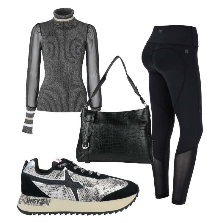 Outfit donna - Total look #1451817. Stile Trendy per Tutti i giorni. Abbinamento con sneakers, borse a spalla, leggings sportivo, maglieria.