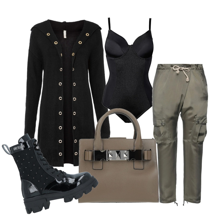 Outfit donna - Glamour dal tono militare. Stile Military per Tutti i giorni. Abbinamento con cardigans, body, stivaletti, borse a mano, pantaloni cargo.