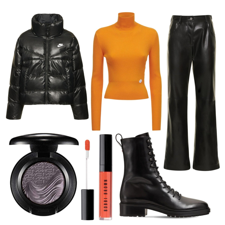 Outfit donna - Arancio e nero. Stile Casual chic per Serata fuori. Abbinamento con piumini, pantaloni, rossetti, stivaletti, maglieria, ombretti.