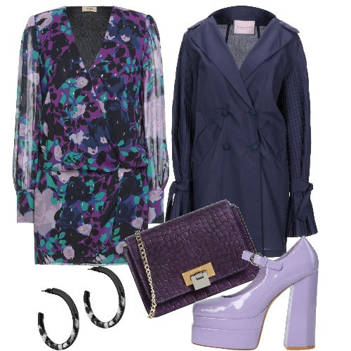 Outfit donna - Florage in viola. Stile Chic per Serata fuori. Abbinamento con décolleté, vestiti corti, cappotti, borse a tracolla, orecchini.