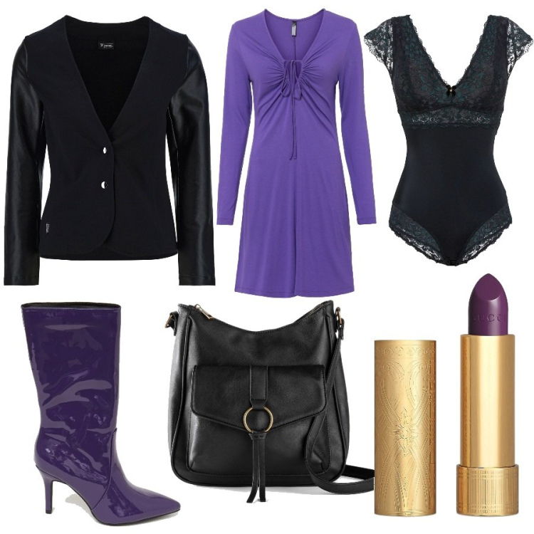 Outfit donna - Happy halloween. Stile Chic per Serata fuori. Abbinamento con vestiti midi/longuette, body, borse a tracolla, blazer, stivali, rossetti.