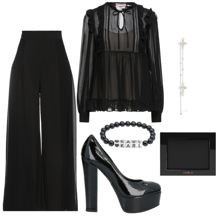 Outfit donna - Dark. Stile Rock per Serata fuori. Abbinamento con bluse, braccialetti, pantaloni, décolleté, orecchini, ombretti.