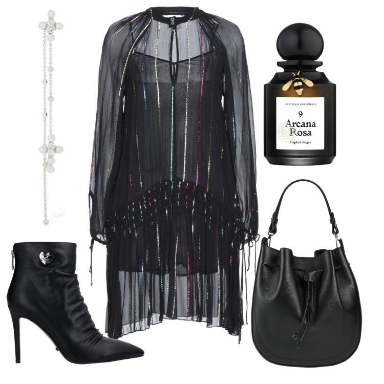 Outfit donna - Halloween style. Stile Glamour per Serata fuori. Abbinamento con vestiti corti, borse a secchiello, stivaletti, profumi, orecchini.
