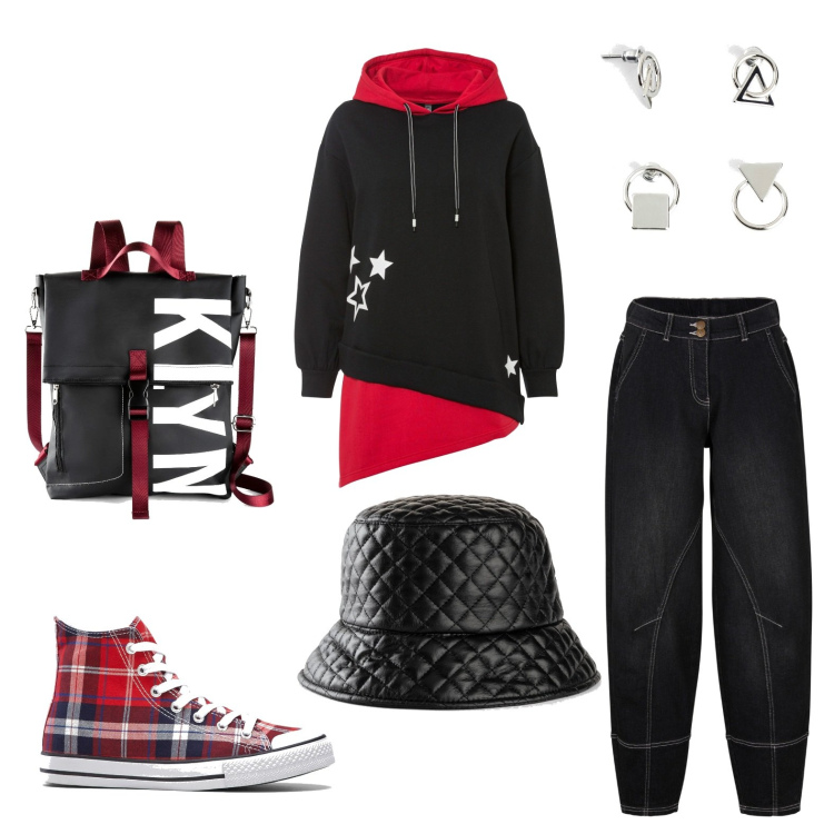 Outfit donna - Urban #8312. Stile Urban per Scuola/Università. Abbinamento con cappelli con visiera, felpe con cappuccio, jeans, sneakers alte, zaini, orecchini.