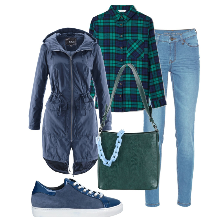 Outfit donna - Quadri, blu e verde muschio. Stile Preppy per Scuola/Università. Abbinamento con jeans skinny, cappotti, sneakers, borse a mano, camicie.