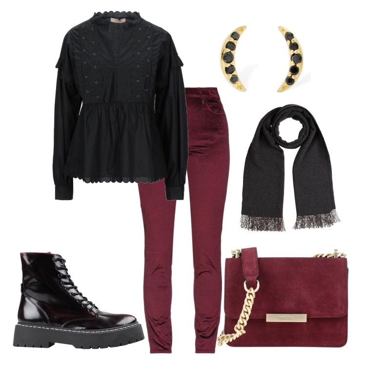 Outfit donna - Easy Halloween. Stile Rock per Scuola/Università. Abbinamento con pantaloni, camicie, stivaletti, borse a tracolla, sciarpe, orecchini.