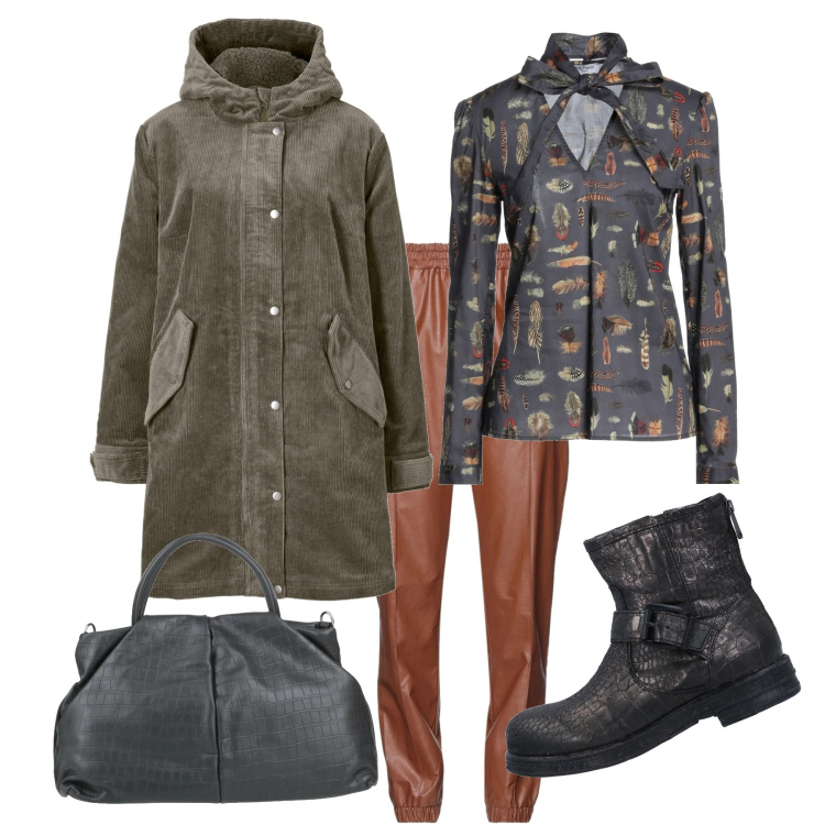 Outfit donna - Stravaganza metropolitana. Stile Trendy per Tutti i giorni. Abbinamento con parka, bluse, pantaloni, stivaletti, borse a mano.