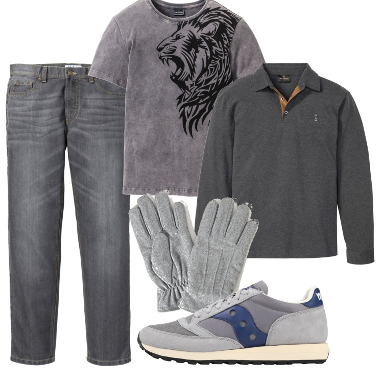 Outfit uomo - Grey lion. Stile Urban per Tutti i giorni. Abbinamento con jeans dritti, polo, t-shirt, sneakers, guanti.