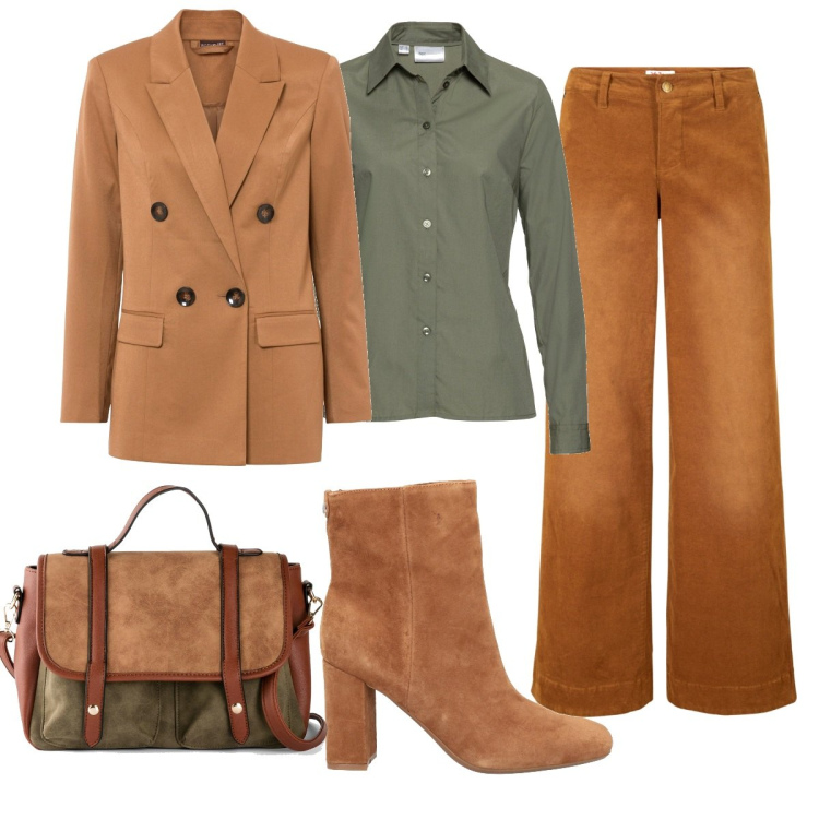 Outfit donna - Tonalità autunnali. Stile Casual chic per Tutti i giorni. Abbinamento con pantaloni, camicie, borse a mano, blazer, stivaletti.