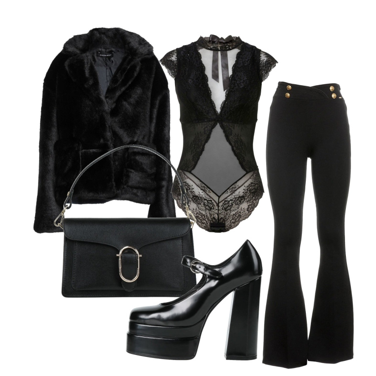 Outfit donna - Lo stile originale per una serata fuori. Stile Glamour per Serata fuori. Abbinamento con body, cappotti, décolleté, borse a mano, pantaloni.