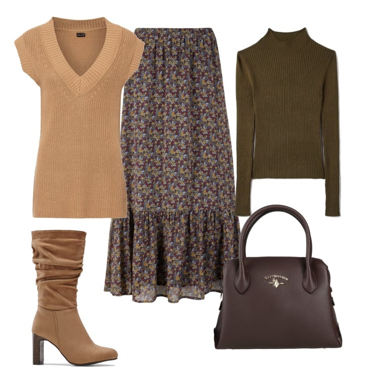 Outfit donna - Easy. Stile Boho per Tutti i giorni. Abbinamento con borse a mano, blazer, gonne, stivali, maglieria.