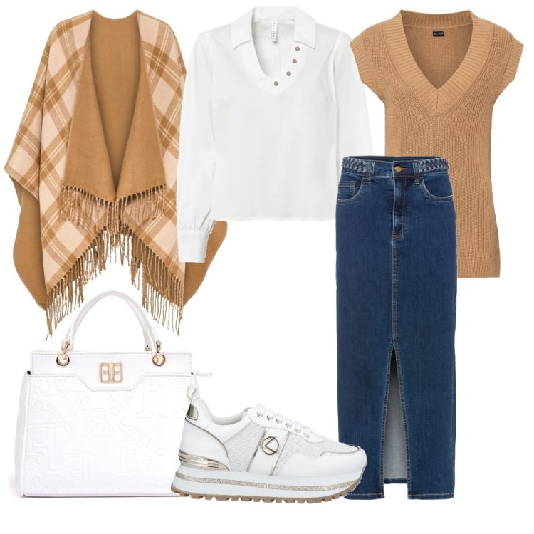 Outfit donna - Trendy #17050. Stile Trendy per Tutti i giorni. Abbinamento con sneakers, blazer, gonne, bluse, cappotti, borse tote.