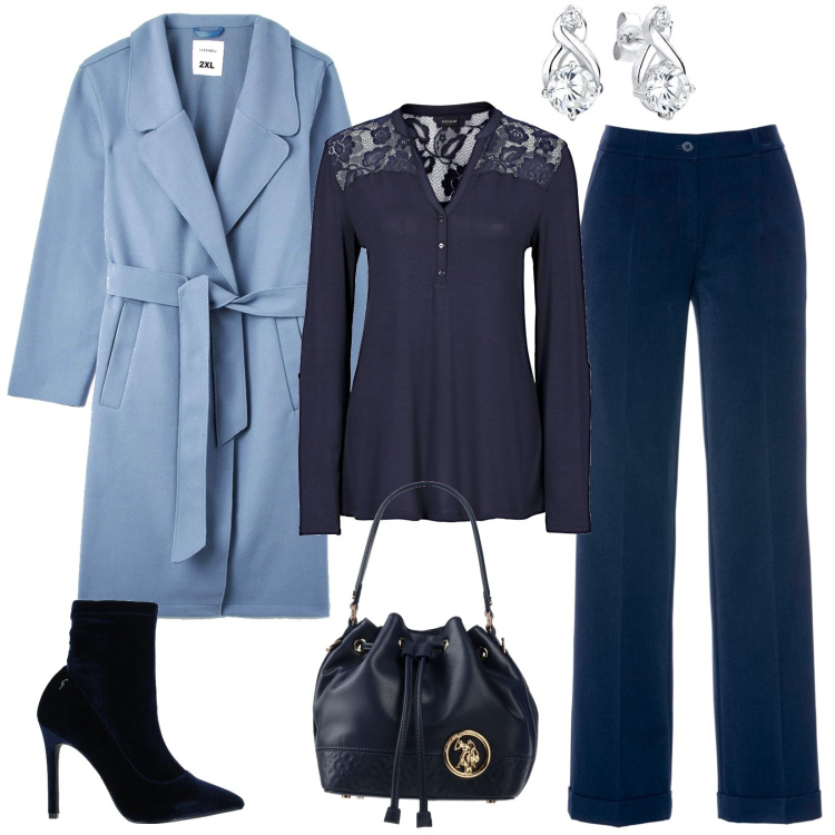Outfit donna - Aperitivo nel tardo pomeriggio. Stile Casual chic per Serata fuori. Abbinamento con stivaletti, borse a mano, pantaloni, maglieria, cappotti, orecchini.
