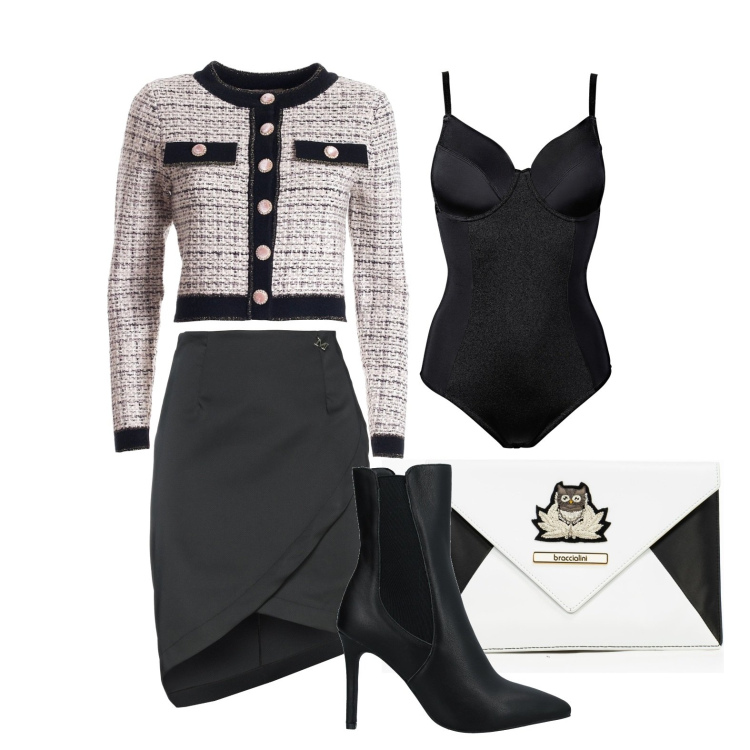 Outfit donna - Stile classico rivisitato. Stile Casual chic per Tutti i giorni. Abbinamento con body, minigonne, stivaletti, blazer, pochette.