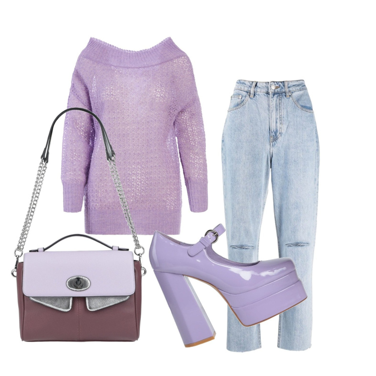 Outfit donna - Lilla invernale. Stile Urban per Tutti i giorni. Abbinamento con décolleté, borse a mano, maglieria, jeans strappati.