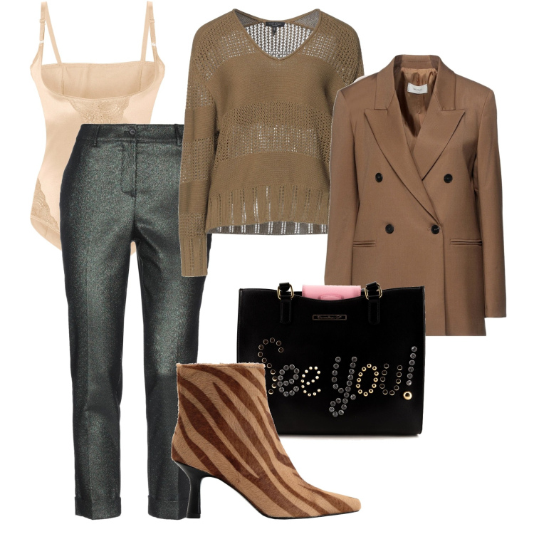 Outfit donna - Chic o casual?. Stile Casual chic per Serata fuori. Abbinamento con body, pantaloni, blazer, pullovers, stivaletti, borse a mano.